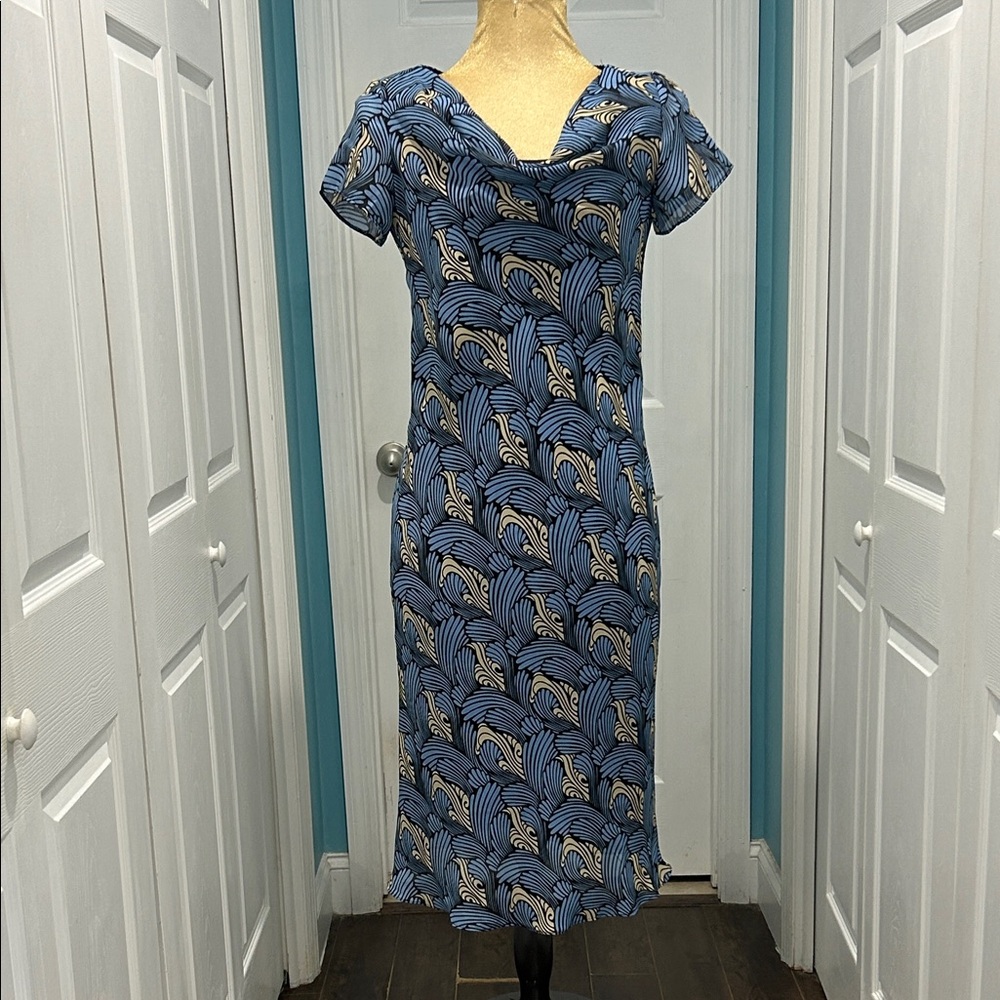 Kari- Blue Wave-Print Cowl Neck Women's Dress